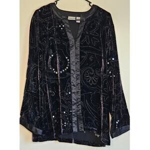 Chico's Black Velvet and Sheer With Silver Stitching, Sequins and Satin, Sz 2(M)
